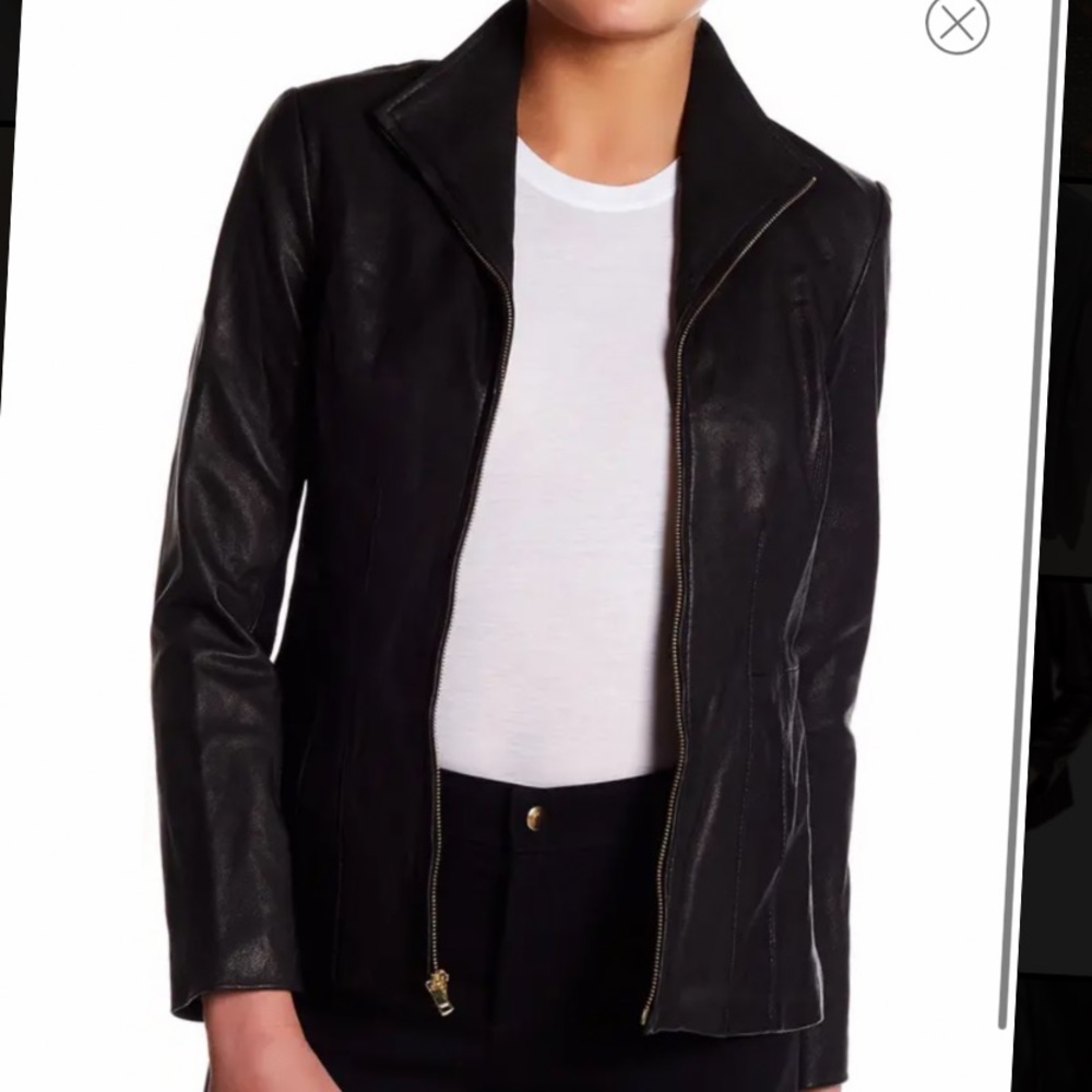 Cole Haan Leather Front Zip Wing Collar Jacket NEW
